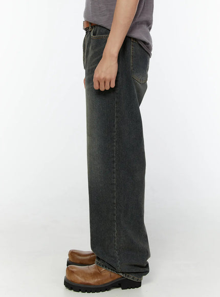 Men's Washed Wide Leg Jeans IU529 Dark blue side shot on model showing straight wide-leg silhouette, single seam detail, brown leather belt visible