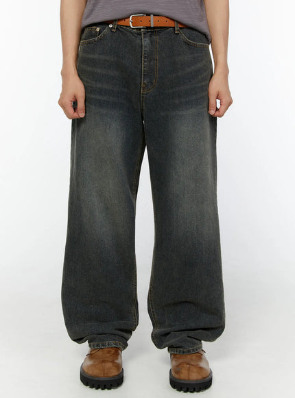 LEWKIN Men's Washed Wide Leg Jeans IU529 Dark blue front crop shot on model wearing brown leather belt and boots, faded denim texture