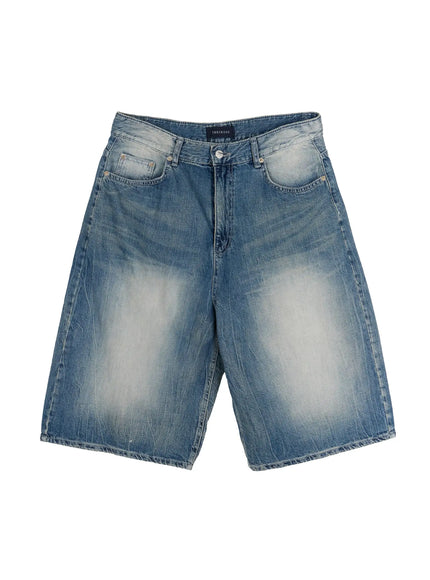 Men's Washed Wide Leg Jorts IL513 Blue flat-lay front view showing wide leg silhouette, sun-faded washed denim, five-pocket construction, and brand label at waistband