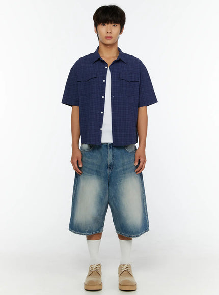 Men's Washed Wide Leg Jorts IL513 Blue front full-body shot on model standing straight, showing wide leg fit and vintage wash paired with navy cropped shirt and white socks