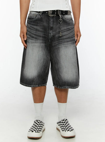 LEWKIN Men's Washed Wide Leg Jorts IL515 Black front crop shot on model with silver western belt and chain detail, faded denim texture