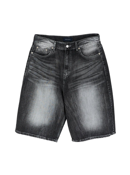 Men's Washed Wide Leg Jorts IL515 Black flat-lay front shot showing wide-leg cut, faded washed denim, five-pocket construction, and THECROSS waistband label