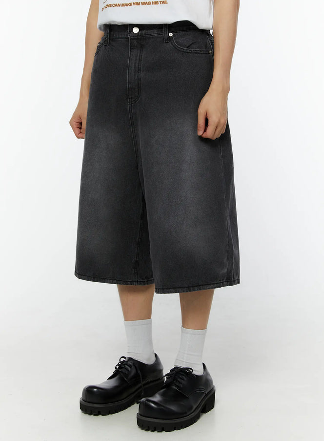 Men's Washed Wide Leg Jorts IU529 in Black, size M