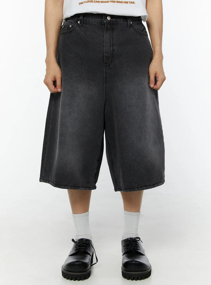 LEWKIN Men's Washed Wide Leg Jorts IU529 dark gray front view on model styled with graphic tee and black oxford shoes, washed denim texture