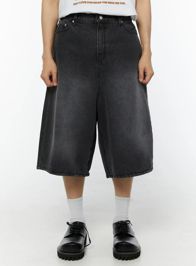 LEWKIN Men's Washed Wide Leg Jorts IU529 dark gray front view on model styled with graphic tee and black oxford shoes, washed denim texture