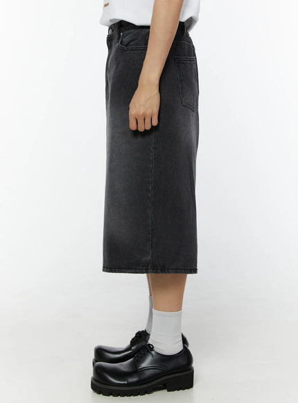 Men's Washed Wide Leg Jorts IU529 dark gray side view on model showing wide leg silhouette, washed denim fabric and back pocket detail