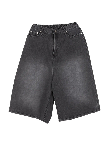 Men's Washed Wide Leg Jorts IU529 dark gray flat-lay front showing elasticated waistband, silver rivets, wide leg cut and washed denim finish