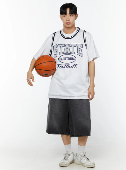 Men's Washed Wide Leg Jorts IU529 dark gray full-body front on male model holding basketball, styled with white basketball jersey and sneakers