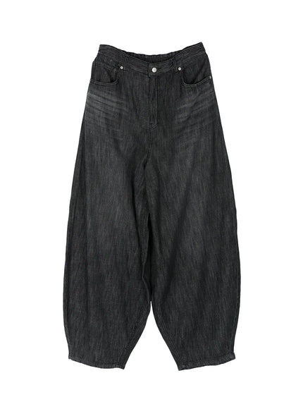 Men's Wide Leg Balloon Jeans IL515 Black flat-lay front view showing balloon silhouette, button closure, front pockets, and faded black denim texture