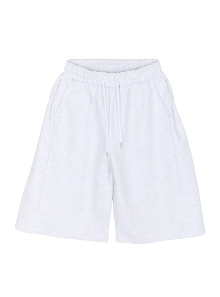 Men's Wide Leg Bermuda Sweat Shorts (Light Gray) IU529 Light Gray flat-lay front showing elastic drawstring waist, side pockets, wide-leg cut and heathered cotton fabric
