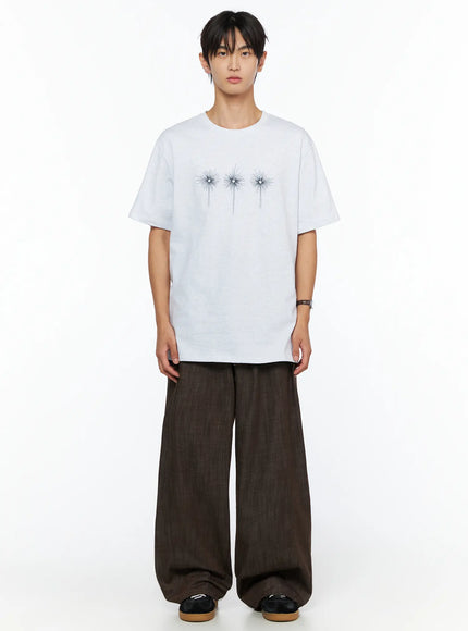 Men's Wide Leg Cotton Pants IL528 Dark brown full-body front shot on male model styled with white graphic tee arms at sides straight-on pose