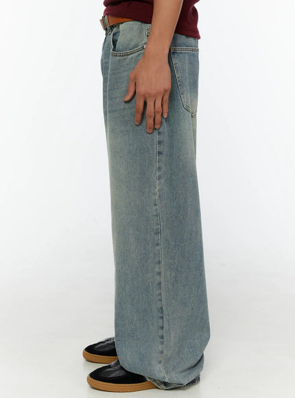 Men's Wide Leg Jeans IL510 light blue side shot on male model showing extreme wide leg volume low rise fit and vintage wash texture