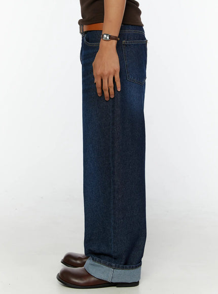 Men's Wide Leg Jeans IL515 dark blue side view on male model showing straight wide-leg profile rolled cuff hem and back pocket detail