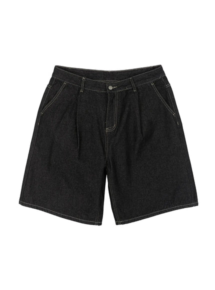 Men's Wide Leg Jorts IL528 Black flat-lay front view showing pleated waistband, contrast white topstitching, metal button closure, and wide-leg denim construction