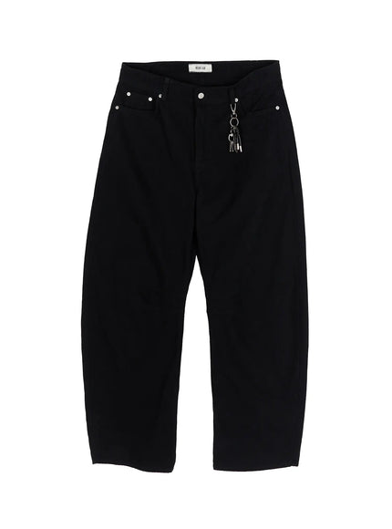 Men's Wide Leg Pants IU523 Black flat-lay front view showing full silhouette wide barrel leg silver rivets and metal keychain charm on waistband