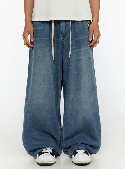 LEWKIN Men's Wide Leg Tie-Detail Jeans IL513 Blue front crop shot on model showing drawstring waist and ultra-wide washed denim legs size M/L