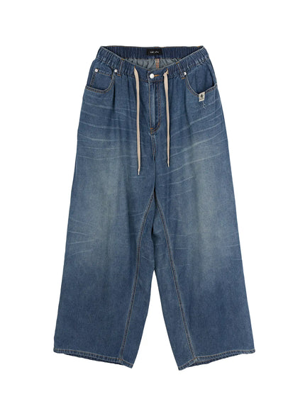 Men's Wide Leg Tie-Detail Jeans IL513 Blue flat-lay front view showing elastic drawstring waist wide leg silhouette washed indigo denim and brand label