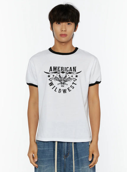 Men's Wild West Graphic T-Shirt IL513 White front close-up on male model showing American Wild West black graphic print with black ringer trim