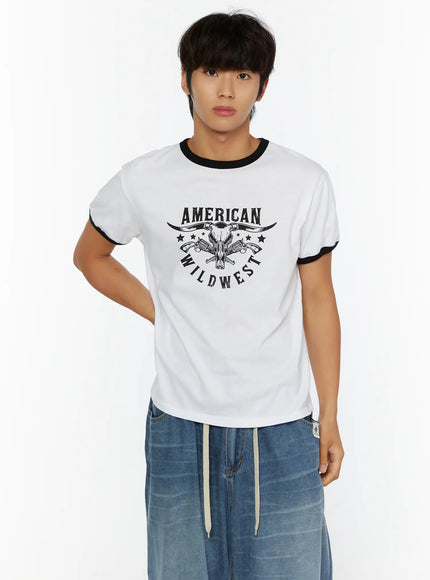 Men's Wild West Graphic T-Shirt IL513 White front view on male model with black ringer collar and cuffs American Wild West graphic print