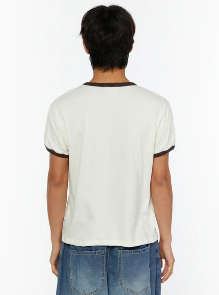 Men's Wild West Graphic T-Shirt IL513 Brown back view on male model showing plain cream cotton body with dark brown ringer collar and cuffs