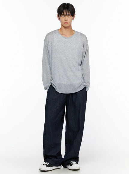Men's Zack Wide Leg Jeans IL528 Dark blue full-body front on male model wearing gray sheer long-sleeve top and black sneakers, relaxed wide-leg denim, standing pose