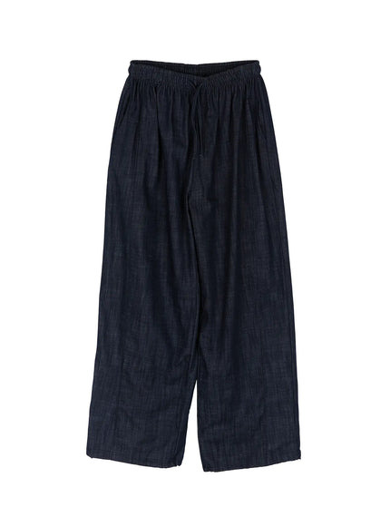 Men's Zack Wide Leg Jeans IL528 Dark blue flat-lay front showing elastic drawstring waistband, wide-leg denim cut, vertical texture, and full-length trouser silhouette