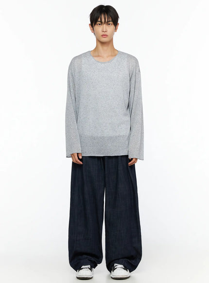 Men's Zack Wide Leg Jeans IL528 Dark blue full-body front on male model wearing gray speckled long-sleeve top and white sneakers, oversized wide-leg denim silhouette