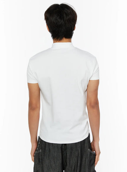 Men's Zip-Up Slim-Fit T-Shirt IL509 White back shot on male model, clean plain back panel, mock neck collar, short sleeves, slim-fit cut visible