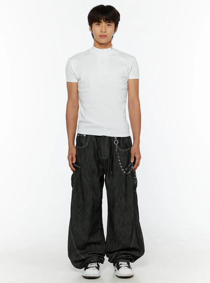 Men's Zip-Up Slim-Fit T-Shirt IL509 White front shot on male model standing straight, slim fit body, silver half-zip collar, styled with wide-leg dark denim