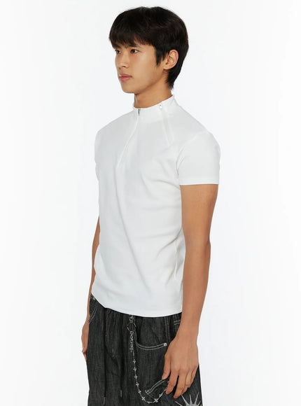 Men's Zip-Up Slim-Fit T-Shirt IL509 White side shot on male model, three-quarter angle showing mock neck half-zip detail and fitted short sleeves