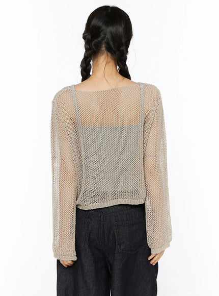 Mesh Knit Sweater CU530 Beige back view on model showing sheer open diamond mesh knit cropped length ribbed hem styled with dark denim pants
