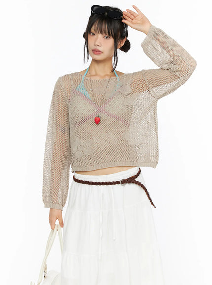 LEWKIN Mesh Knit Sweater CU530 Beige front view on model size S/M styled with white maxi skirt braided belt and strawberry necklace sheer open-knit texture
