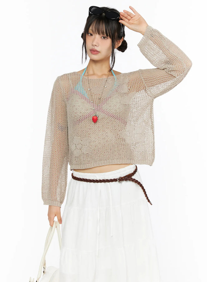 LEWKIN Mesh Knit Sweater CU530 Beige front view on model size S/M styled with white maxi skirt braided belt and strawberry necklace sheer open-knit texture