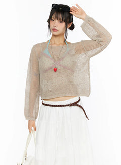 LEWKIN Mesh Knit Sweater CU530 Beige front view on model size S/M styled with white maxi skirt braided belt and strawberry necklace sheer open-knit texture