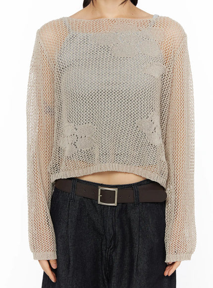 Mesh Knit Sweater CU530 Beige close-up front torso shot on model showing open diamond mesh knit texture floral pattern cropped hem with dark denim