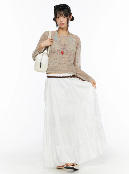 Mesh Knit Sweater CU530 Beige full-body front view on model styled with white tiered maxi skirt braided belt white bag and sunglasses on head