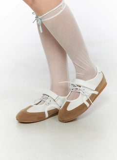 LEWKIN Mesh Mary Jane Sneakers CL517 Beige side-angle close-up on model wearing sheer knee-high socks with mint ribbon bows, suede toe cap and mesh upper visible