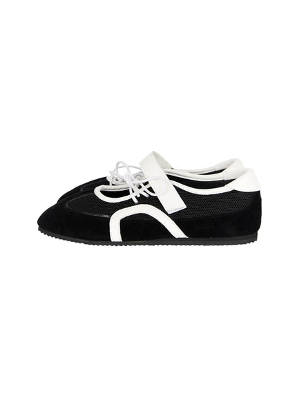 Mesh Mary Jane Sneakers CL517 Black side product shot of single shoe on white background showing black suede toe, mesh upper, white stripe detailing and flat black sole