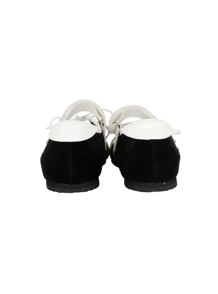 Mesh Mary Jane Sneakers CL517 Black back product shot of pair on white background showing black suede heel counter, white scalloped strap and flat black rubber sole