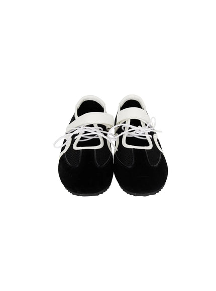 Mesh Mary Jane Sneakers CL517 Black front product shot of pair on white background showing black suede toe cap, black mesh body, white Mary Jane strap and white laces