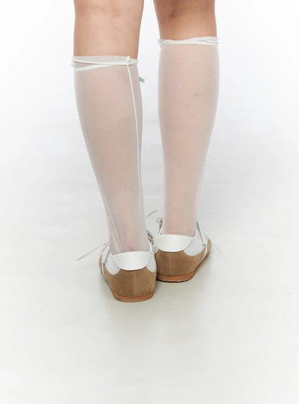 Mesh Mary Jane Sneakers CL517 Beige back view close-up on model showing rear of suede heel counter, white scalloped collar and sheer knee-high socks with mint ribbon