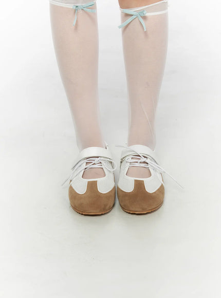 Mesh Mary Jane Sneakers CL517 Beige front close-up on model wearing sheer white knee-high socks with mint bows, showing beige suede toe cap and white lace-up detail