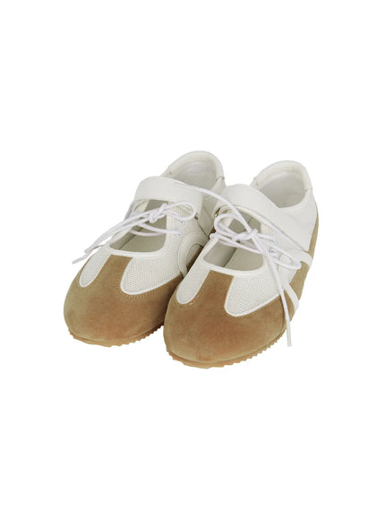 Mesh Mary Jane Sneakers CL517 Beige product flat front-angle shot of pair showing beige suede toe cap, white mesh upper, Mary Jane strap and white laces on white background