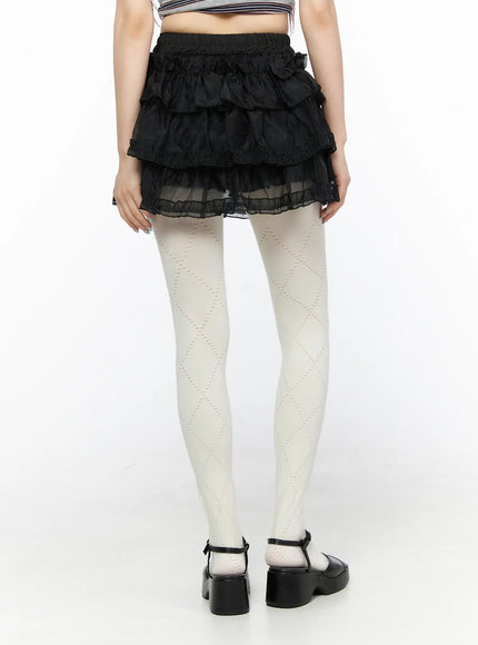 Mesh Tiered Mini Skirt CL522 Black back close-up cropped shot on model showing rear view of tiered ruffle skirt with sheer mesh bottom tier and lace edging