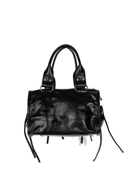 Metallic Detail Shoulder Bag CL508 Black back product view on white background showing clean back panel silver ring hardware and fringe cord tassel at bottom