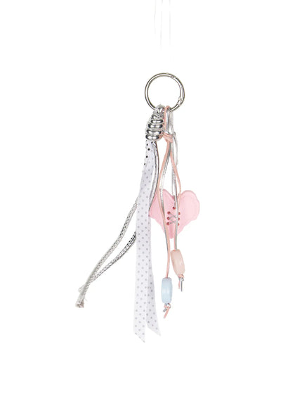 Metallic Detail Shoulder Bag CL508 Black close-up of detachable charm featuring silver ring pink heart pendant polka dot ribbon and pastel bead accents