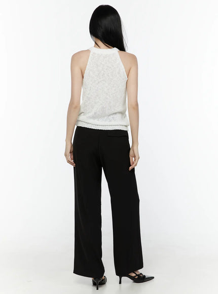 Mid-Rise Tailored Pants IL506 Black back model shot showing full-length wide-leg silhouette rear waistband and back pocket detail styled with white knit halter top