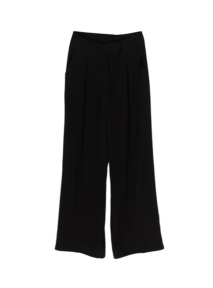 Mid-Rise Tailored Pants IL506 Black flat-lay front view showing full-length wide-leg silhouette front pleats high-rise waistband belt loop tab and smooth woven fabric