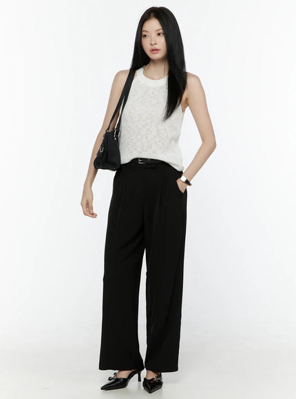 Mid-Rise Tailored Pants IL506 Black full-length front model shot styled with white knit tank white bag and black kitten heel mules showing wide-leg drape