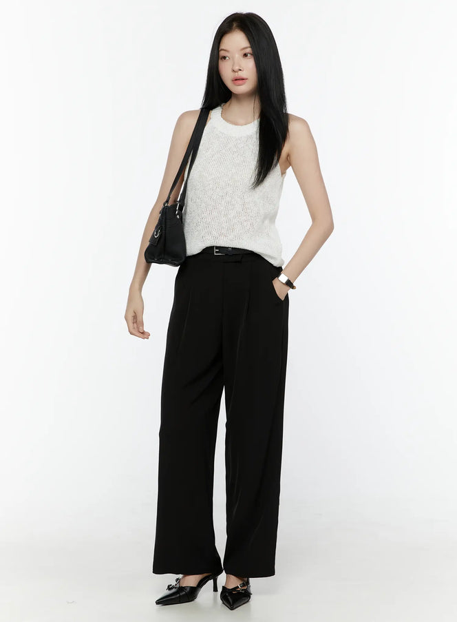 Mid-Rise Tailored Pants IL506 Black full-length front model shot styled with white knit tank white bag and black kitten heel mules showing wide-leg drape
